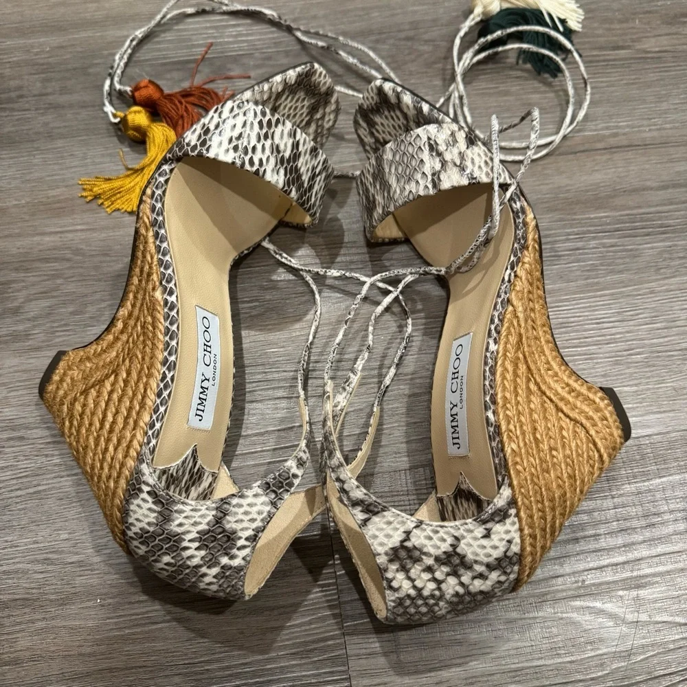 Jimmy Choo Deva 85 Roccia Snakeskin Leather Wrap Around Tassel Wedge Sandal